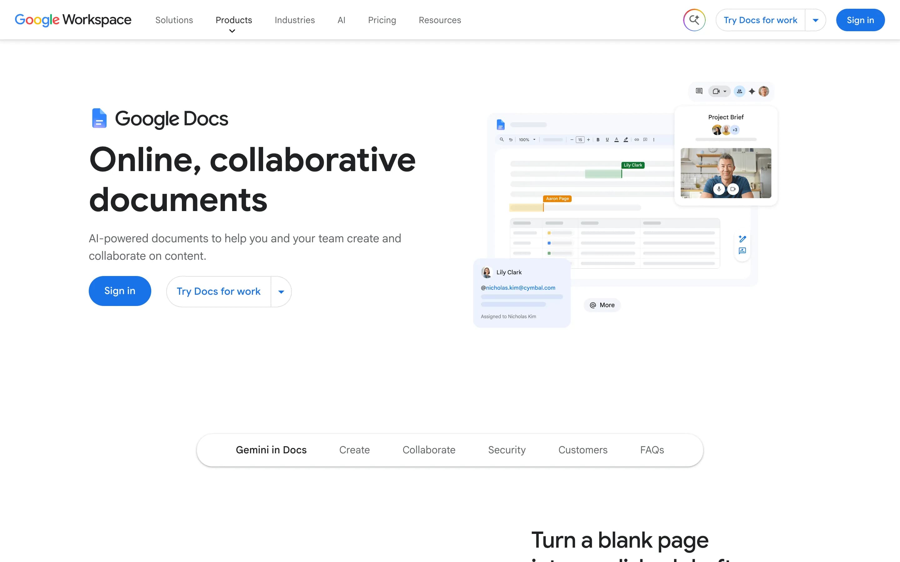 The Google Docs homepage