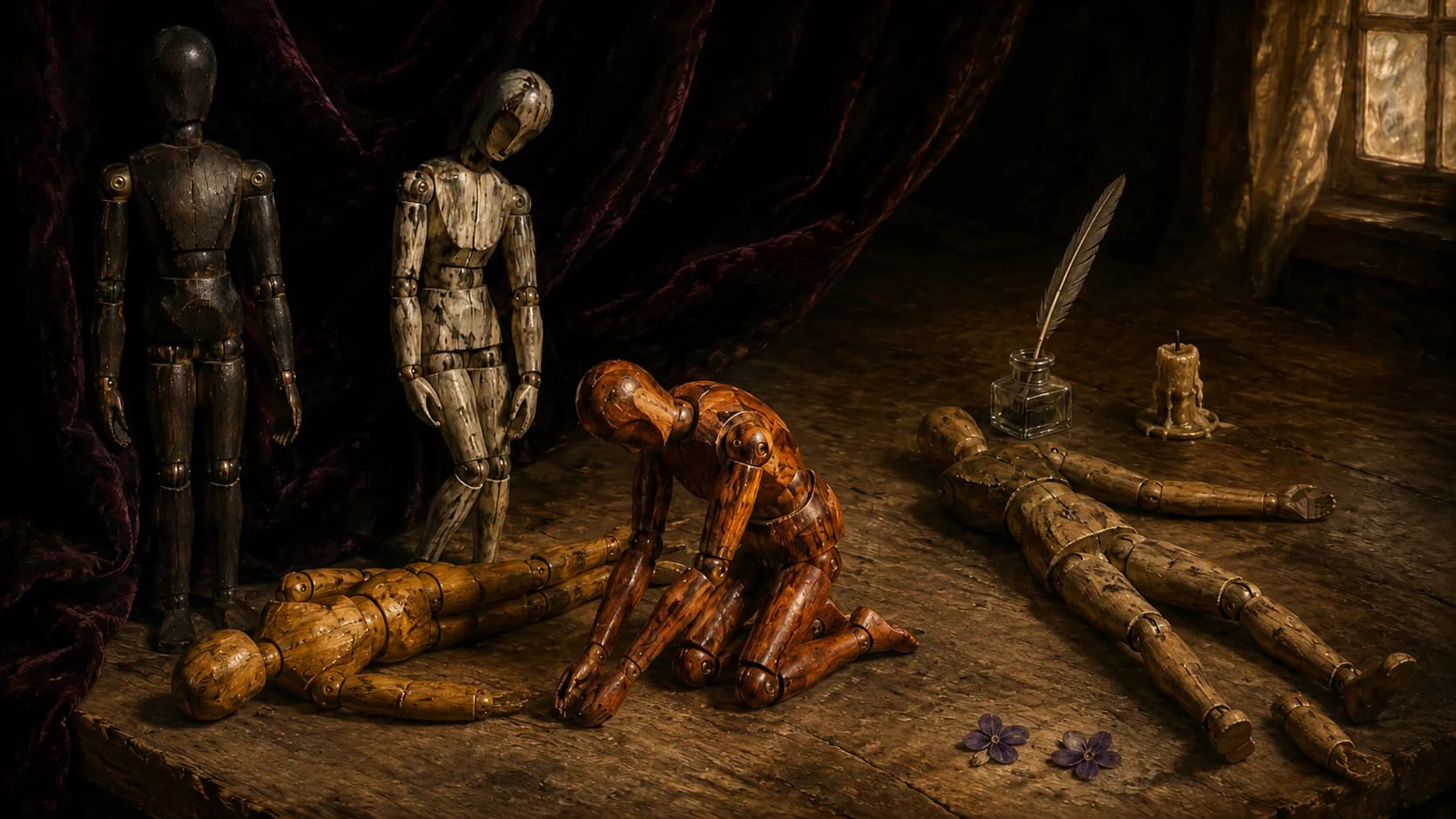 A painted still life of five worn wooden artist's mannequins on a desk, one standing straight, one turned away, one bent forward, one fallen on its side and one on its back with a loosened brass joint