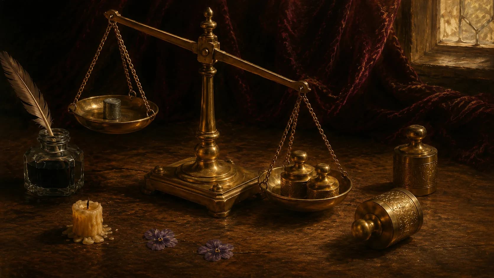A painted still life of a small brass balance on a writer's desk, one plain worn lead weight riding high on the left pan while two ornate brass weights drag the right pan down