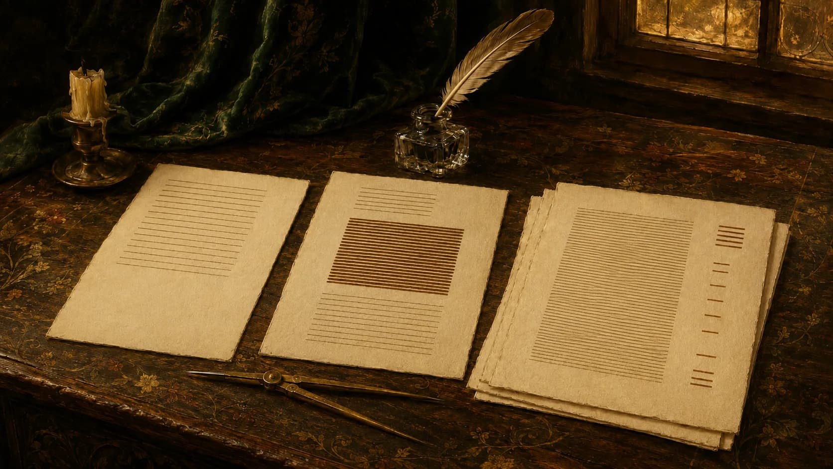 An oil painting of three groups of handwritten paper on a dark carved desk. One candle and a window light it. The left sheet carries a column of short lines, evenly spaced, with nothing beneath them, and the middle sheet sets the same kind of lines above and below one dense dark block of close writing in a warmer ink. On the right, a fanned stack of manuscript pages carries a column of marks down its outer margin, tight at the top, spread far apart through the middle, and tight again at the foot. A brass pair of dividers lies open beside an inkwell.
