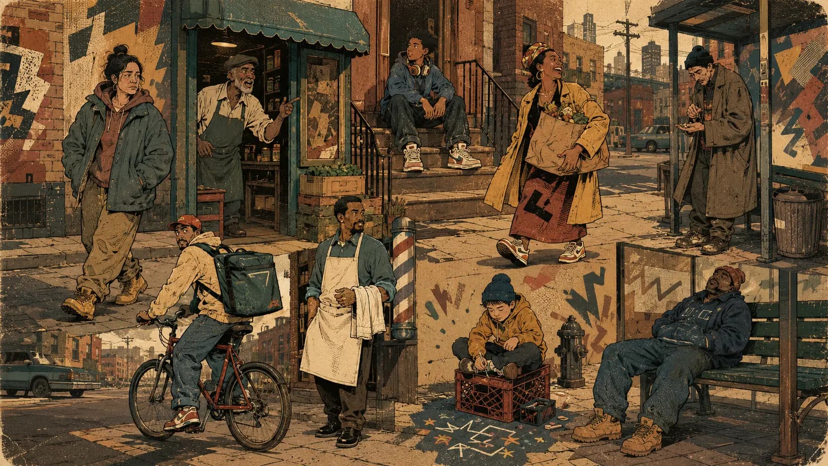 An illustrated street corner of nine very different people: a shopkeeper arguing from his doorway, a courier glancing back from his bicycle, a woman laughing over a bag of groceries, a child drawing on the pavement, a man asleep upright on a bench