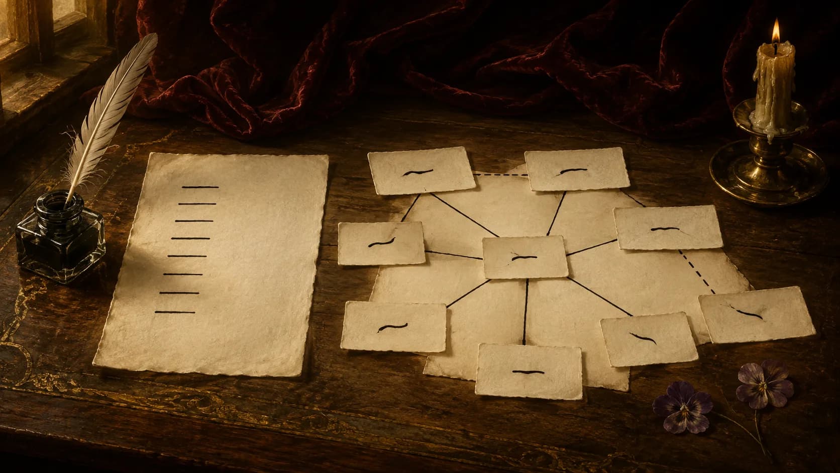 A painted still life on a dark wooden table at evening: on the left a single sheet ruled with nine short ink lines, a plain cast list, and on the right nine small cards, each carrying one inked mark, joined by drawn lines that leave most pairs unconnected and run three at once into the card in the middle. A quill stands in a glass inkwell, a guttering candle burns beside them and two pressed violets lie at the edge.