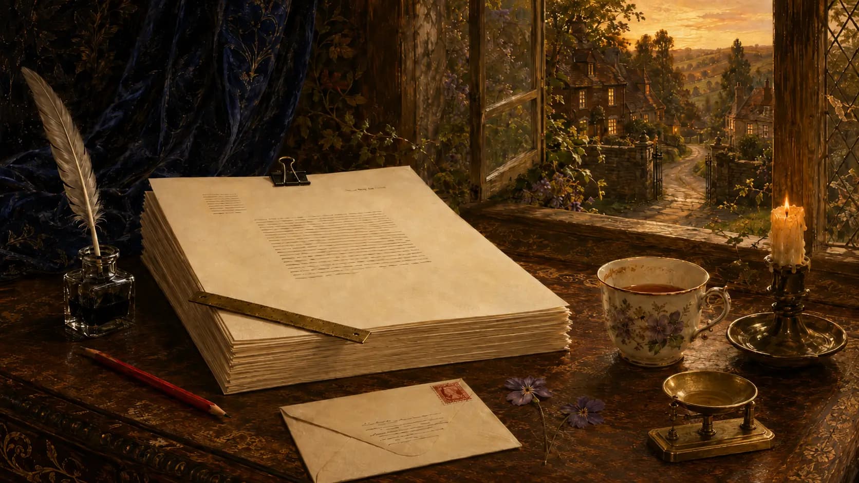 A painted desk at dusk with a thick manuscript squared up under a black clip, its title page on top showing wide margins and blocks of ink where the words would be, a brass ruler across one corner, a red pencil, a quill in an inkwell, a stamped envelope, a brass letter scale, a cup of tea, two pressed violets and a lit candle, with a village lane climbing away through the open window