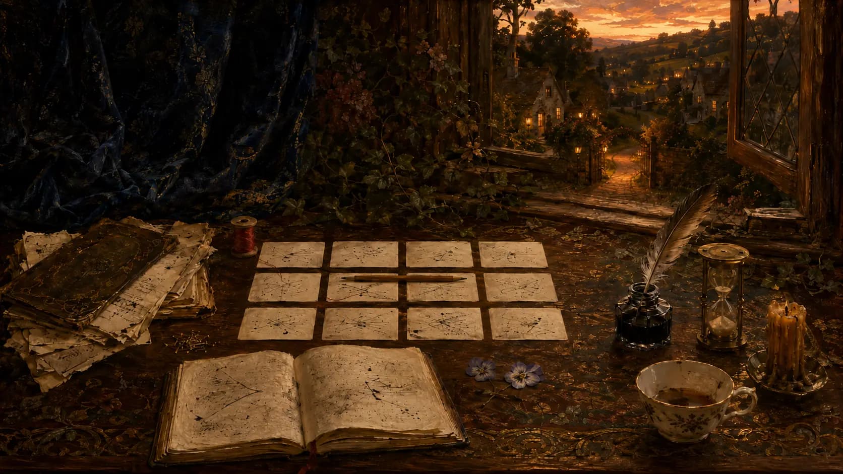 A painted desk at dusk with a novel laid out as twelve index cards in rows, a pencil across the middle row, a red thread running between two of them, an hourglass half run through, and a window onto a village lane