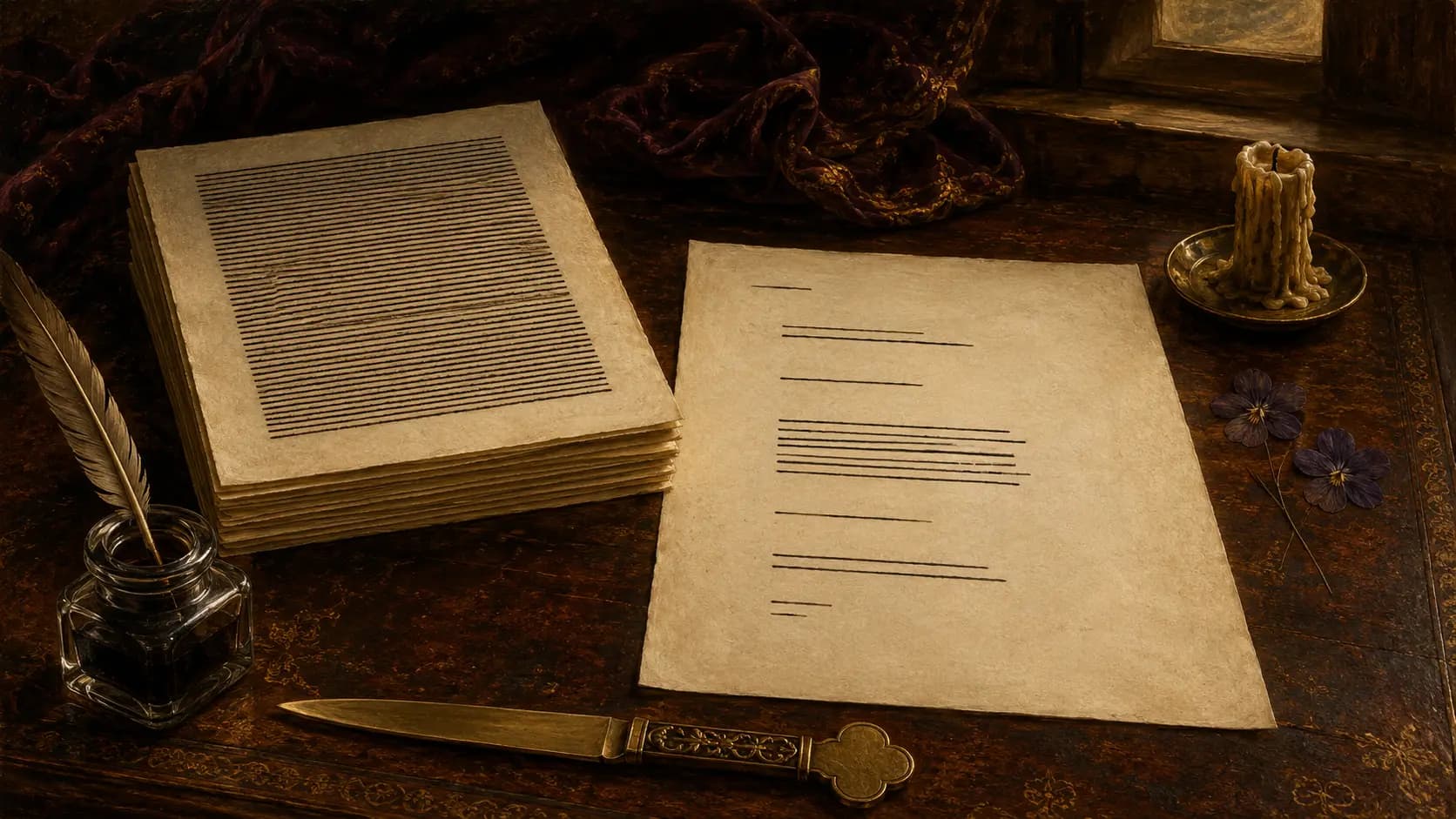 A painted still life: a single sheet carrying a few short lines of ink, beside a thick stack of pages covered edge to edge in writing, with an inkwell, a quill and a brass letter opener on the desk.
