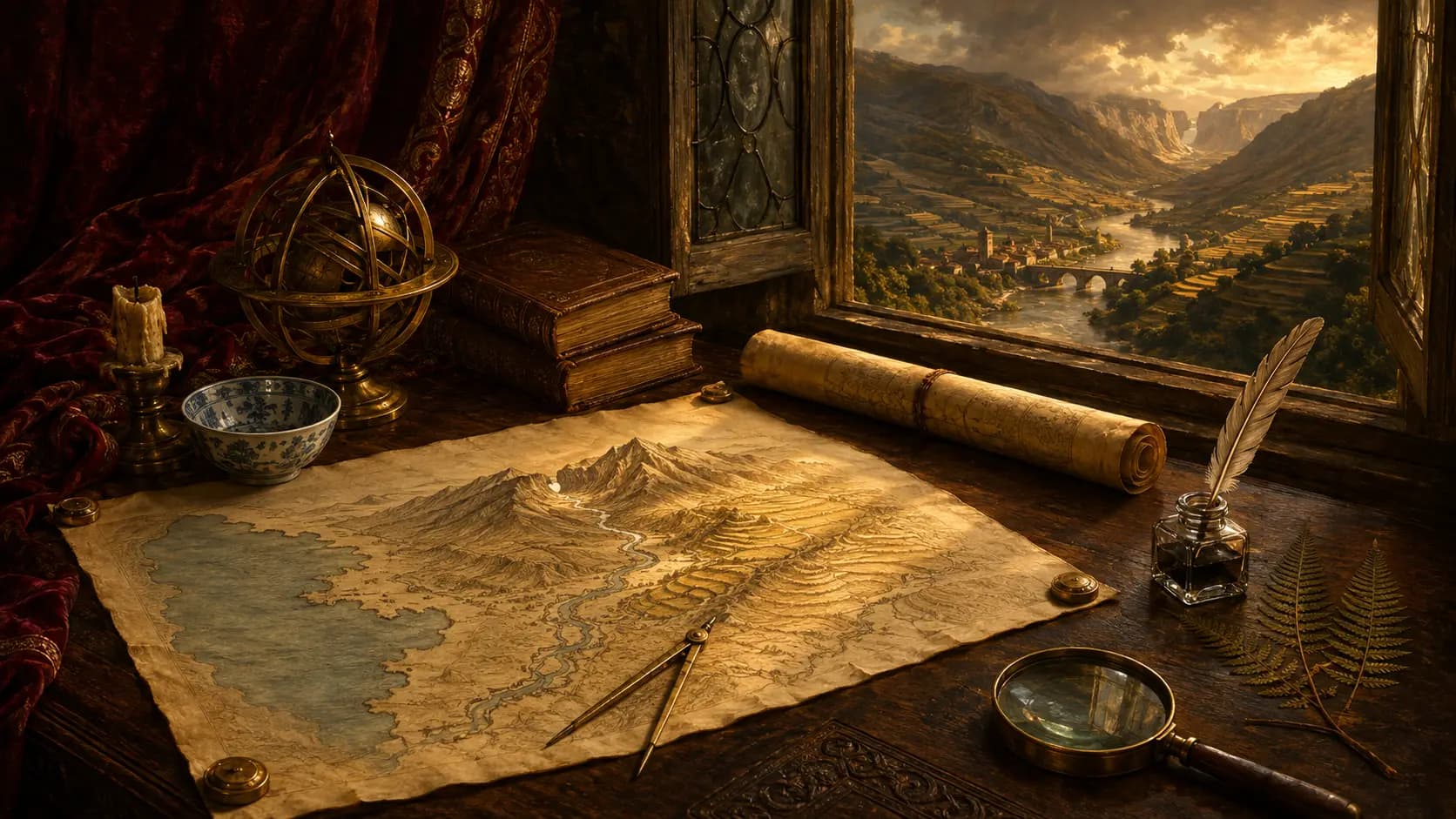 A painted mapmaker's table: a hand-drawn map of coast, mountains and terraced valleys, brass dividers and an inkwell, and a window onto the same valley at dusk