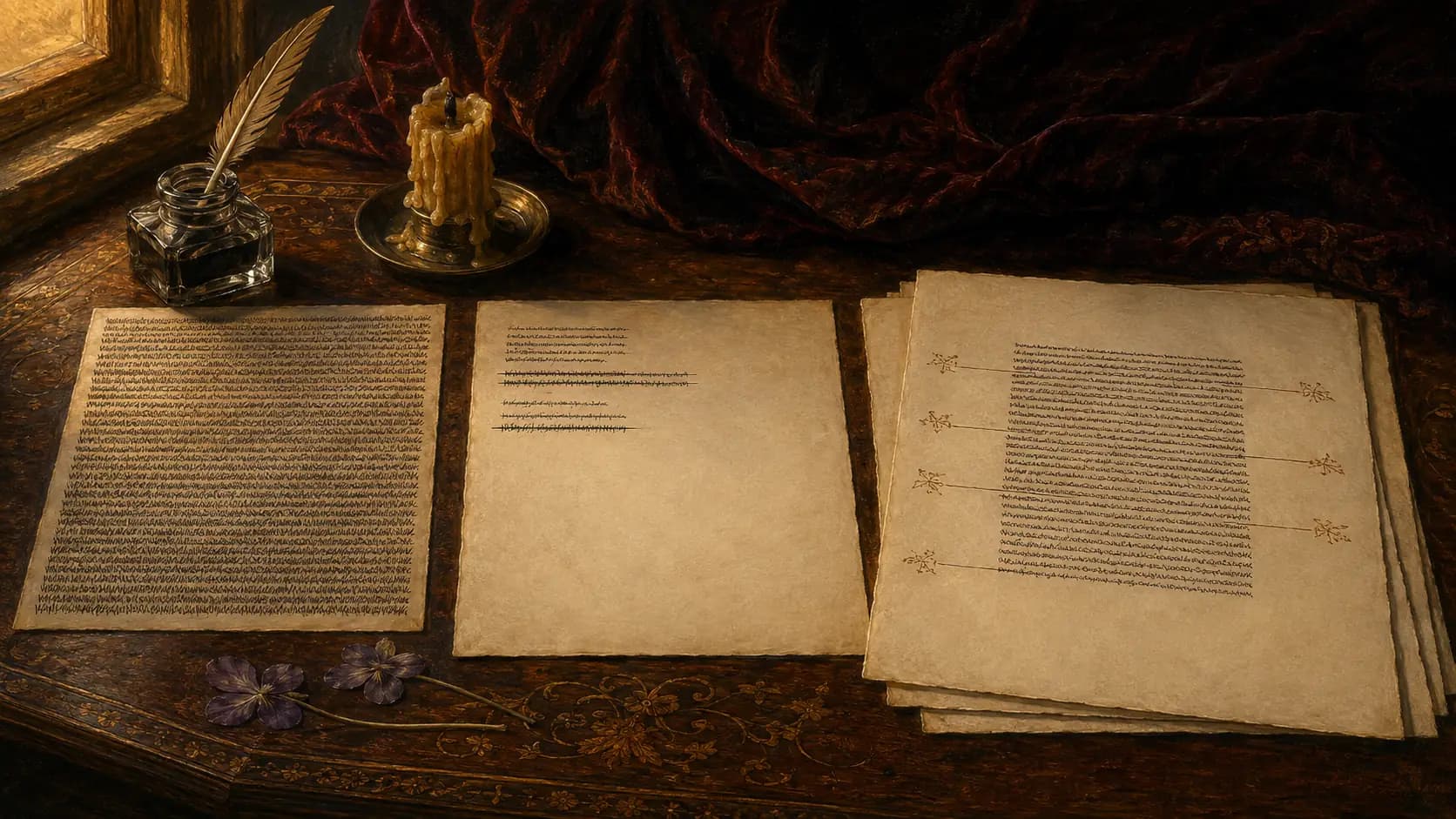 A painted still life on a dark wooden table at evening: on the left a sheet covered edge to edge in even lines of ink with no margin left, in the middle a sheet of a few short lines with two struck out and one rewritten above itself, and on the right a fanned stack of finished pages whose margin marks are each joined by a drawn line to the line that prompted them. A quill stands in a glass inkwell, a guttering candle burns beside it and two pressed violets lie at the table's edge.