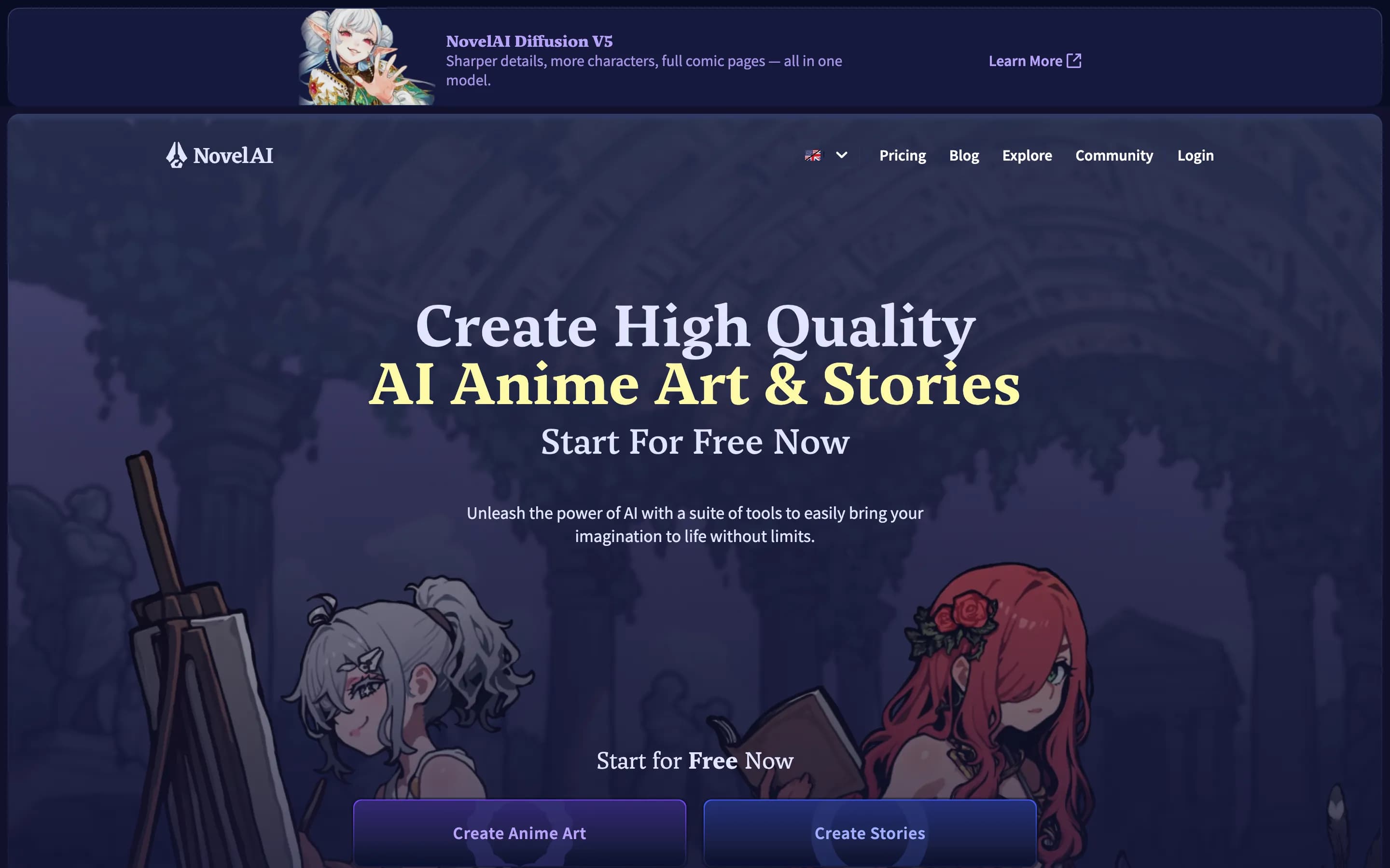The NovelAI homepage