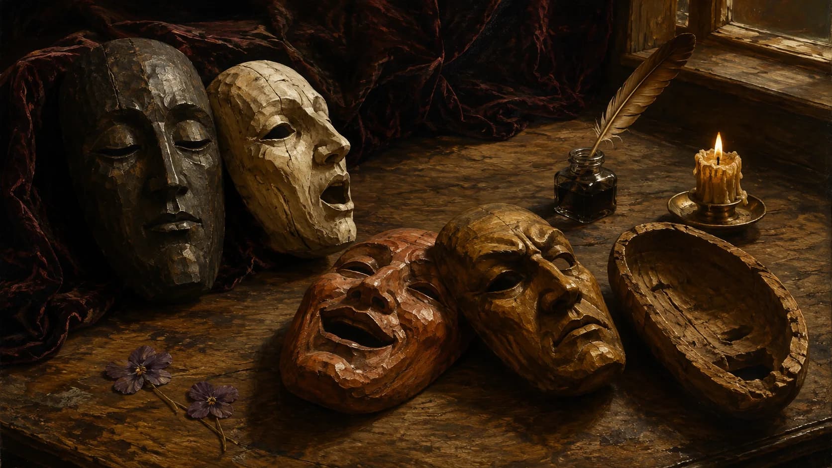A painted still life of five hand-carved wooden masks on a writer's desk, each a different face, the fifth turned face down to show the hollowed back, with a quill, an inkwell, two pressed violets and a candle