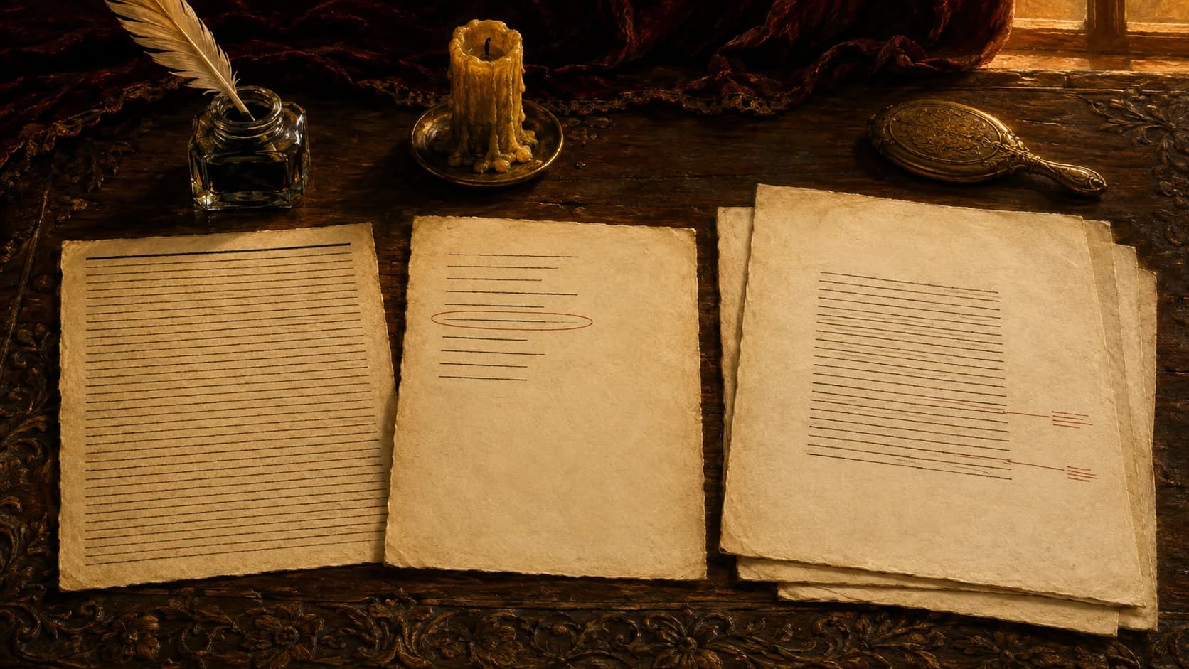 Three handwritten pages on a carved desk by candlelight. The left is ruled edge to edge with close, even lines. The middle holds nine short lines with one ringed in red. The right sits on a fanned stack with two red margin notes.