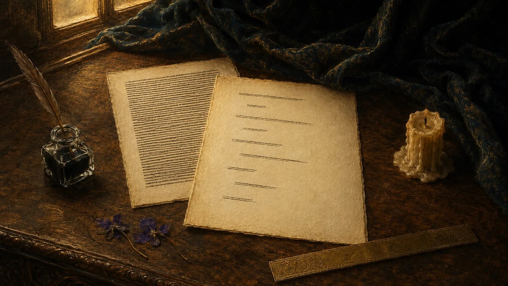 Two manuscript pages on a dark wooden desk. One carries a solid block of narration, the other is set as dialogue in nine short indented lines.