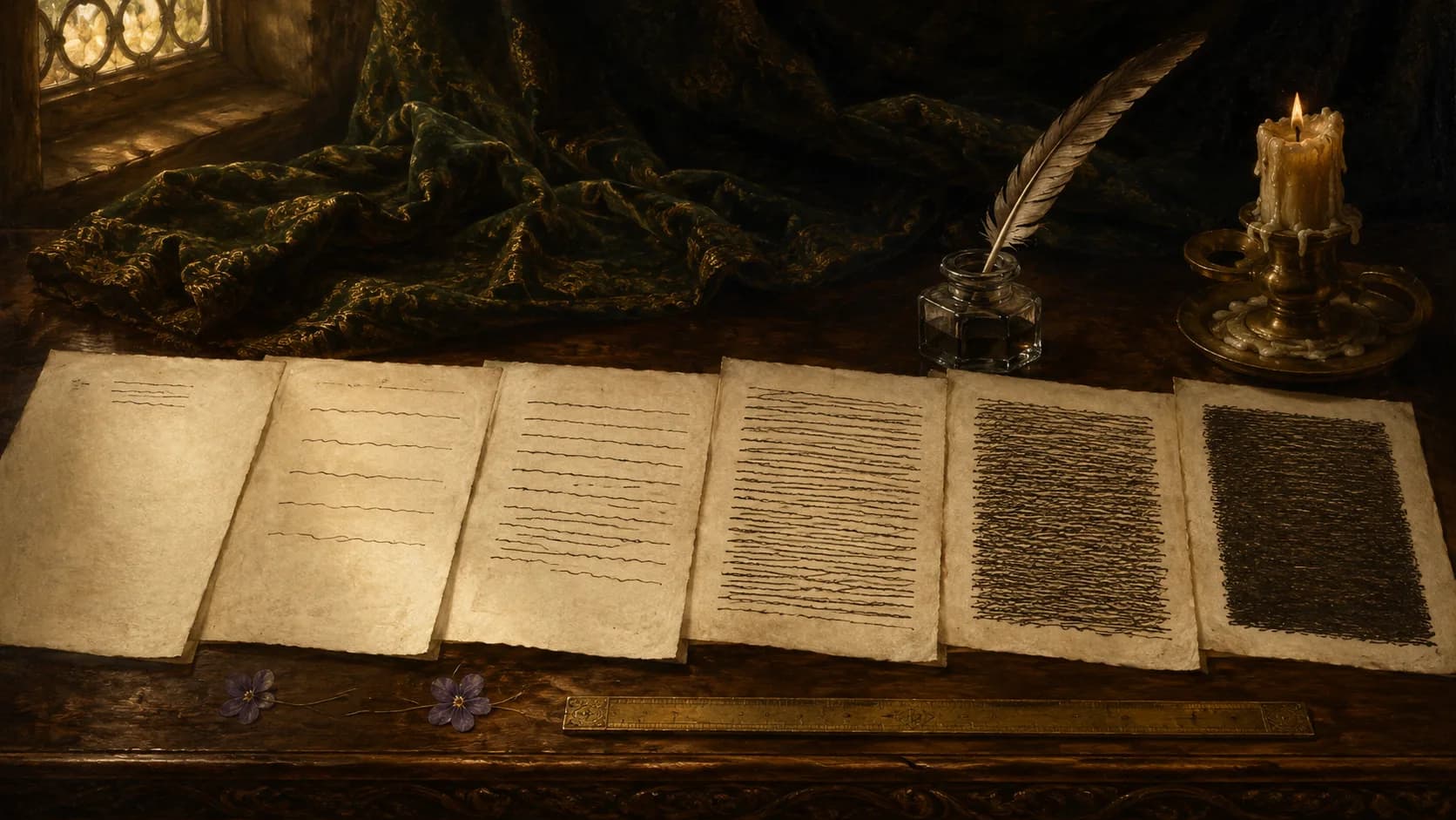 A painted table at dusk with six single manuscript sheets laid in a row, each written to a different density, from a few short lines with wide margins to one dense unbroken block.